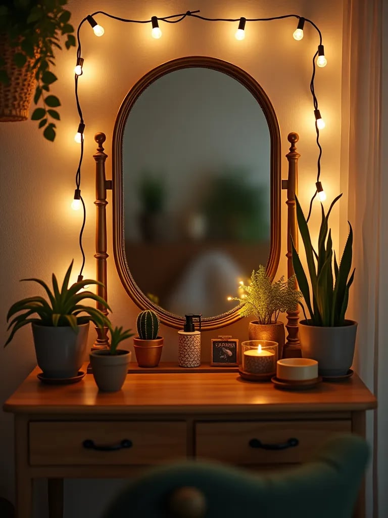 Boho vanity area with vintage mirror and plants