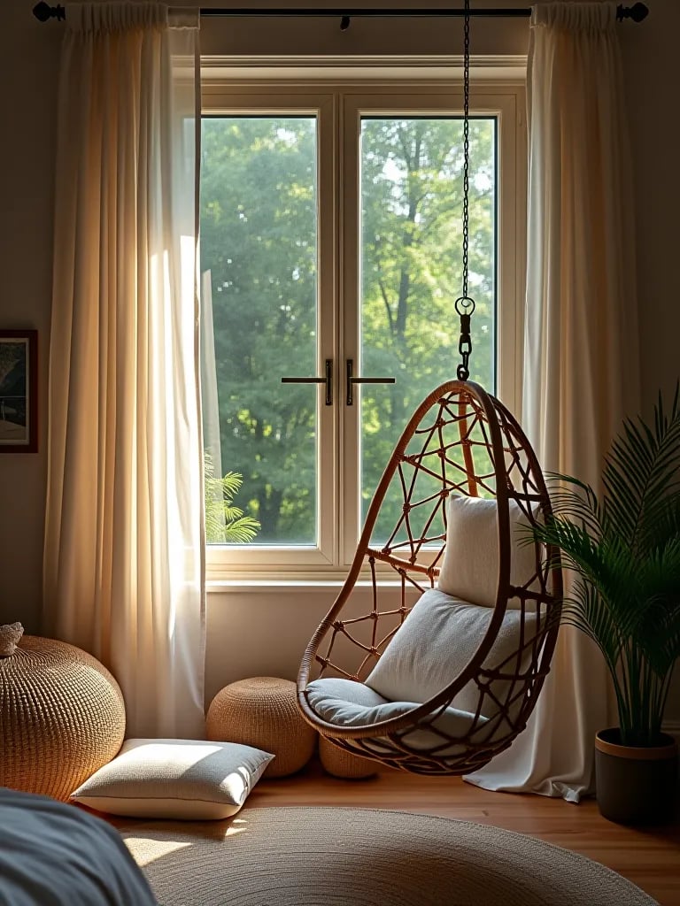 Boho window nook with floor cushions and hanging chair