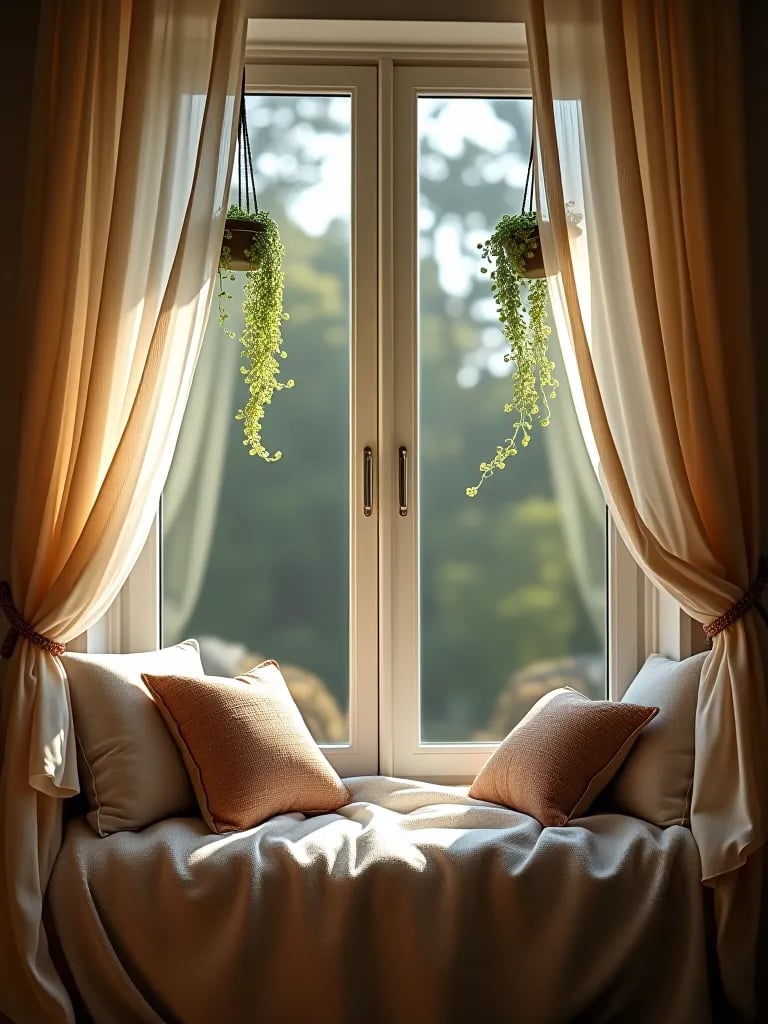 Boho window nook with sheer curtains