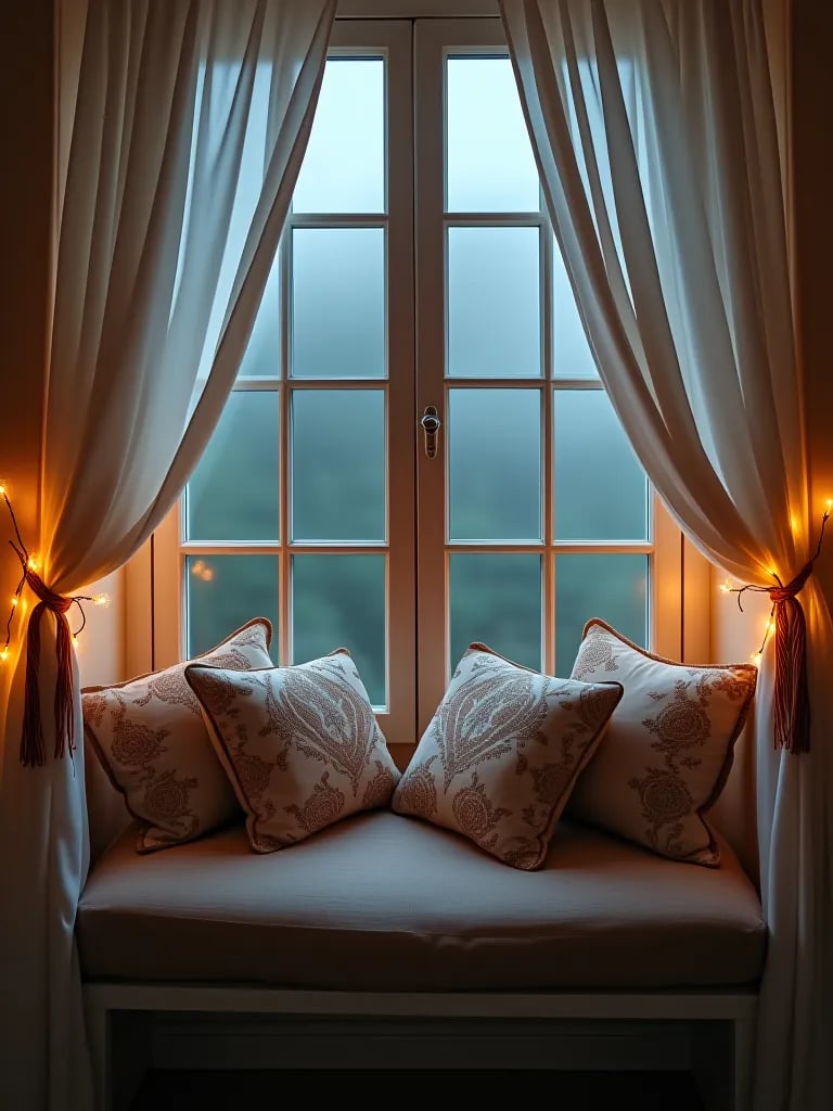 Boho window seat with cushions and fairy lights