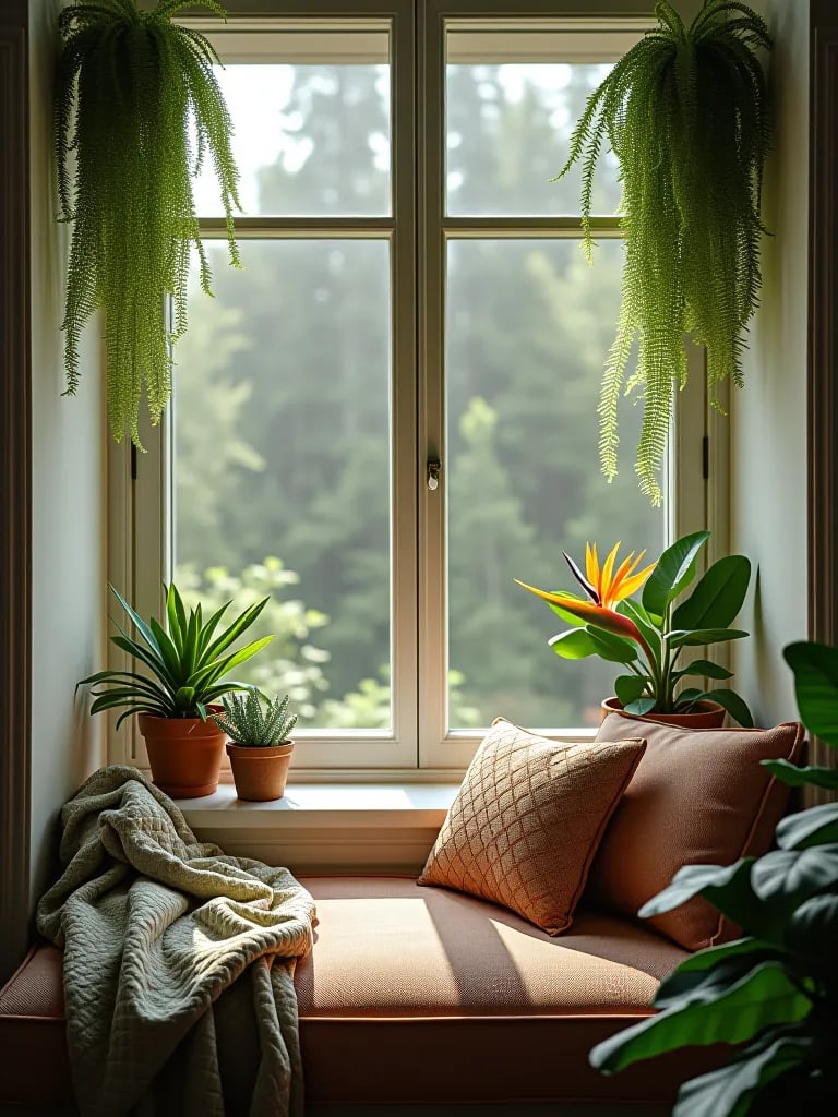 Boho window seat with diverse plants