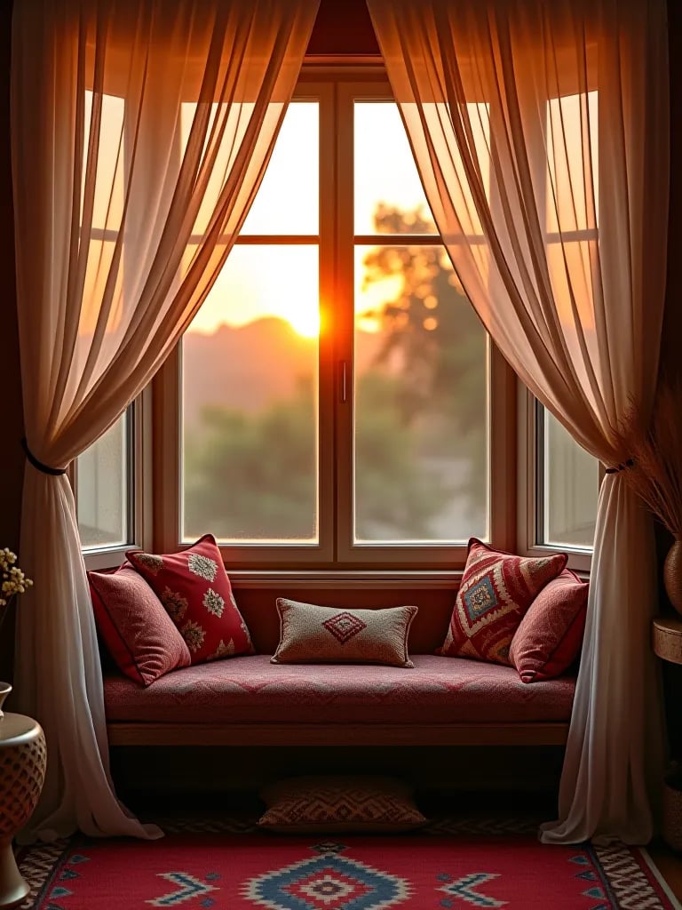 Boho window seat with sheer curtains and warm lighting