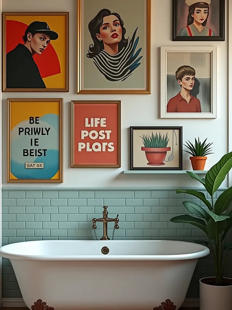 Bold bathroom decor with eclectic wall art arrangement
