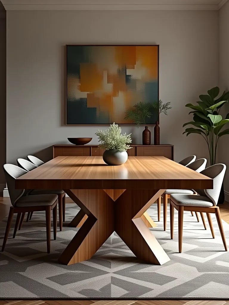 Bold geometric base dining table in contemporary setting