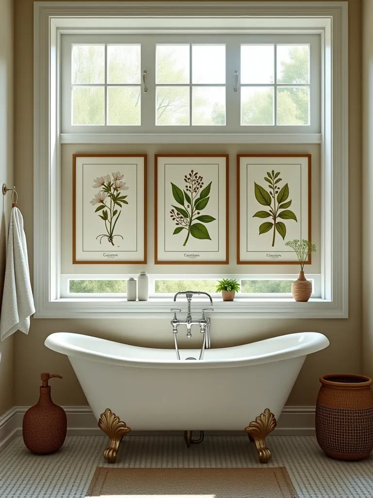 Bright bathroom with medicinal plant prints