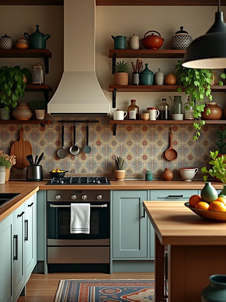 Bright boho kitchen with colorful tiles and pottery
