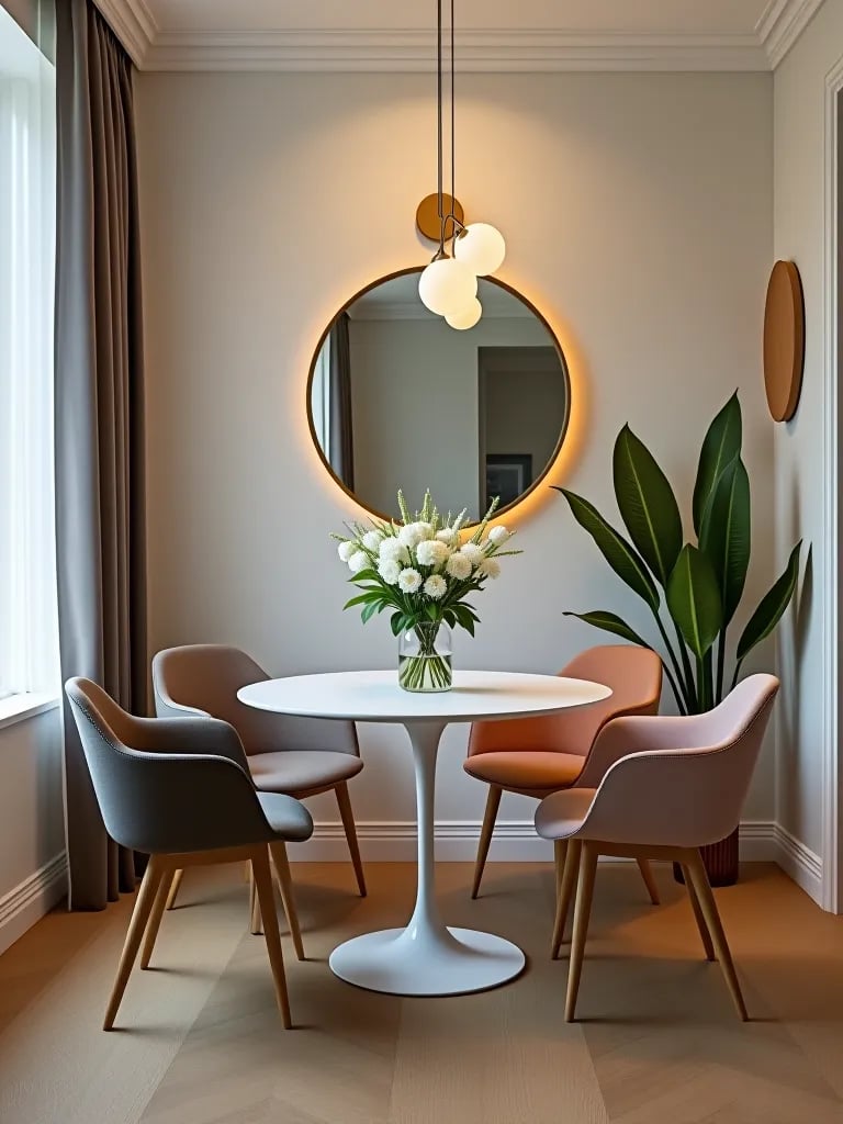 Bright contemporary dining nook with layered lighting