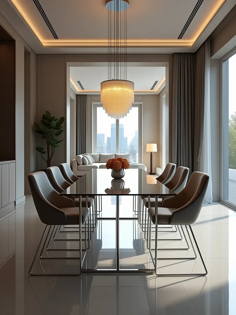 Bright contemporary dining room with floor to ceiling windows