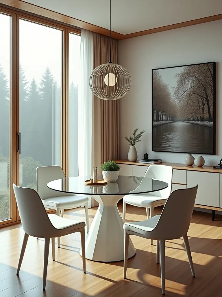 Bright dining room with large windows and glass table
