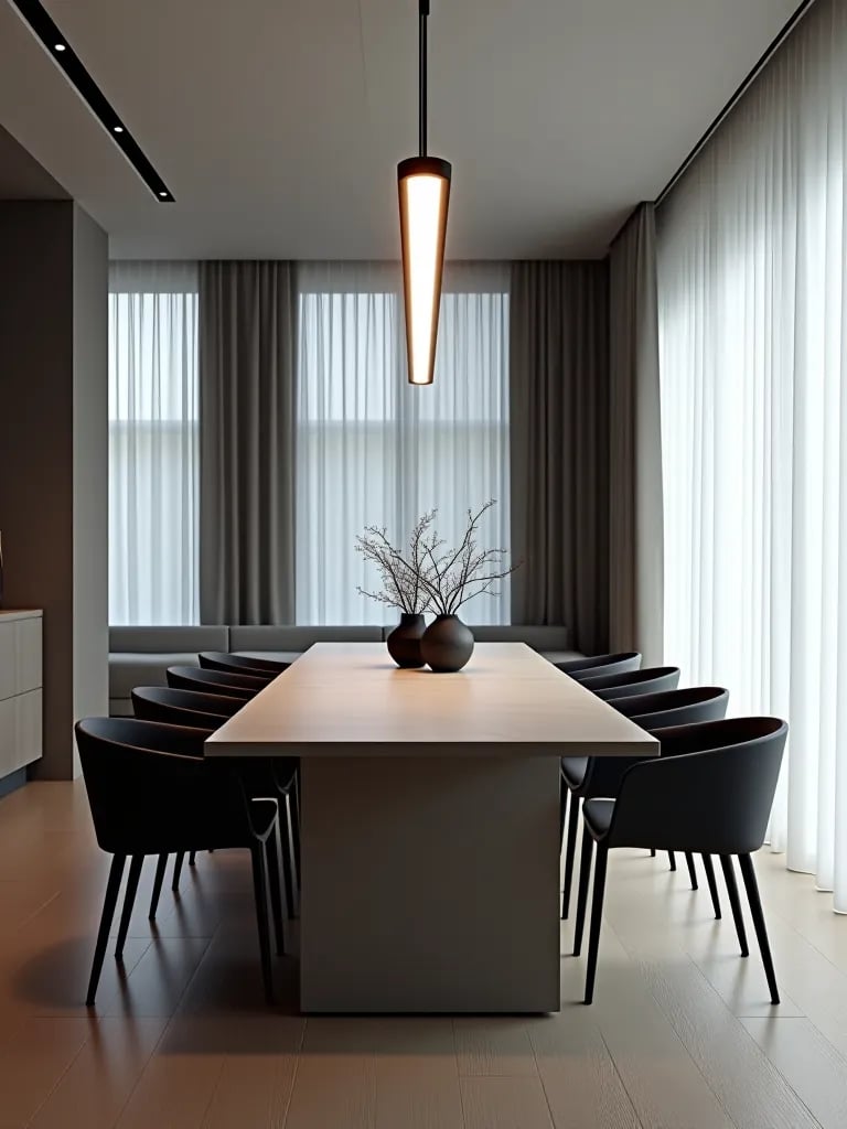 Bright dining room with linear lighting and large windows