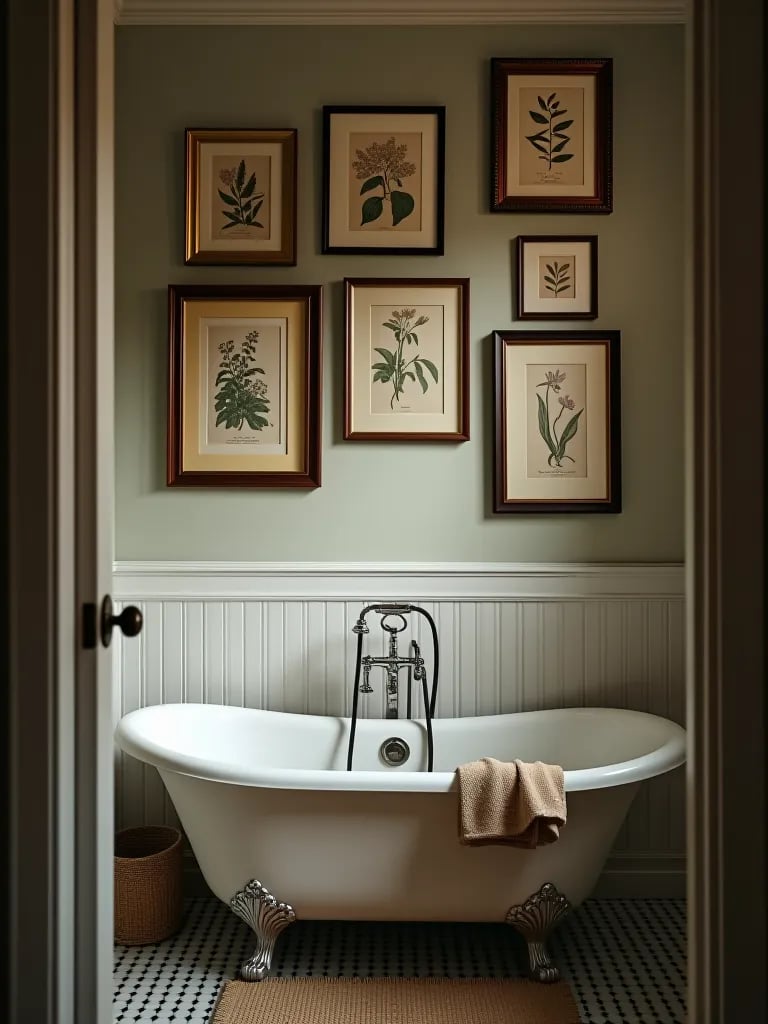 Budget friendly bathroom art gallery with botanical prints