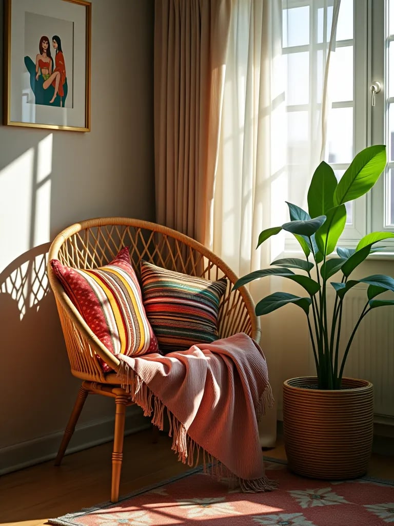 Budget friendly boho furniture in sunlit bedroom corner