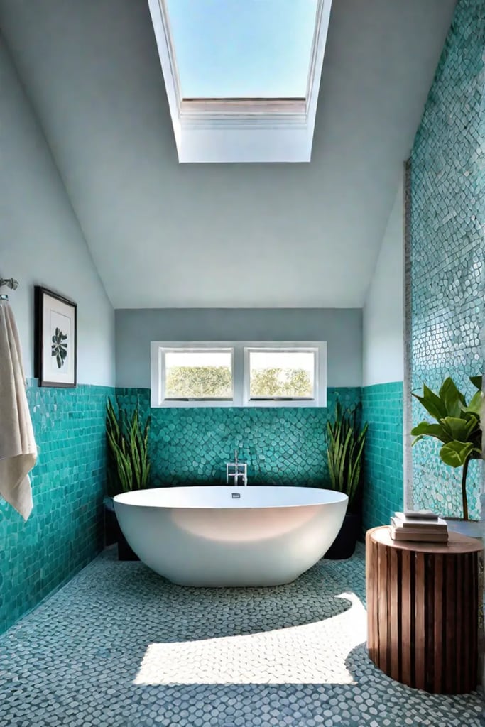 Calming bathroom soaking tub skylight natural light