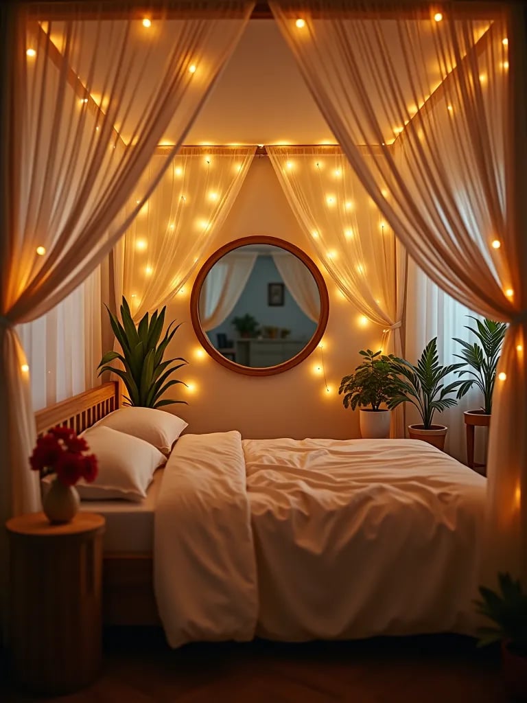 Canopy bed with fairy lights and sheer curtains