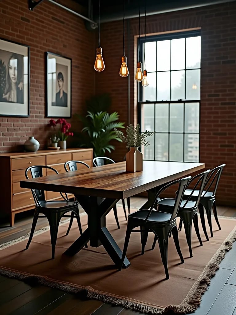 Character filled dining space with distressed rug and metal chairs