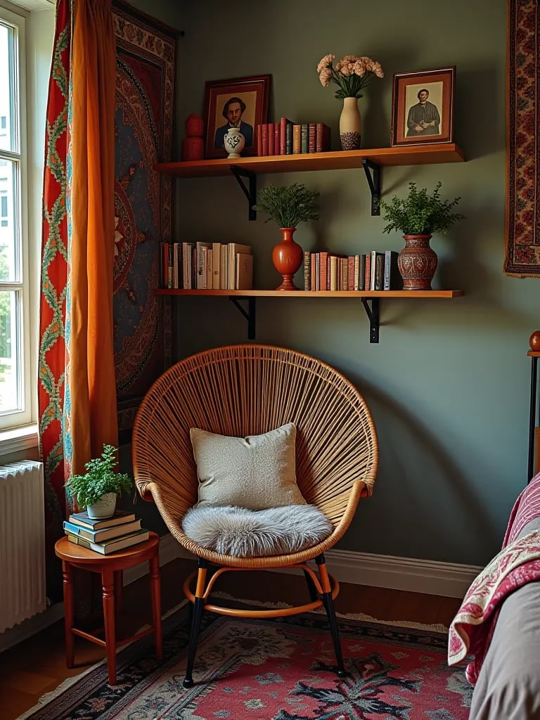 Characterful boho bedroom with unique furniture and decor