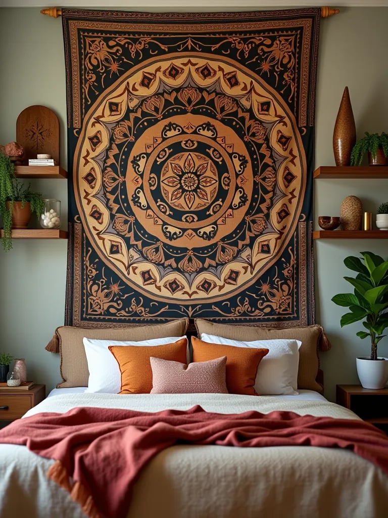 Charming boho wall with tapestry and curated objects