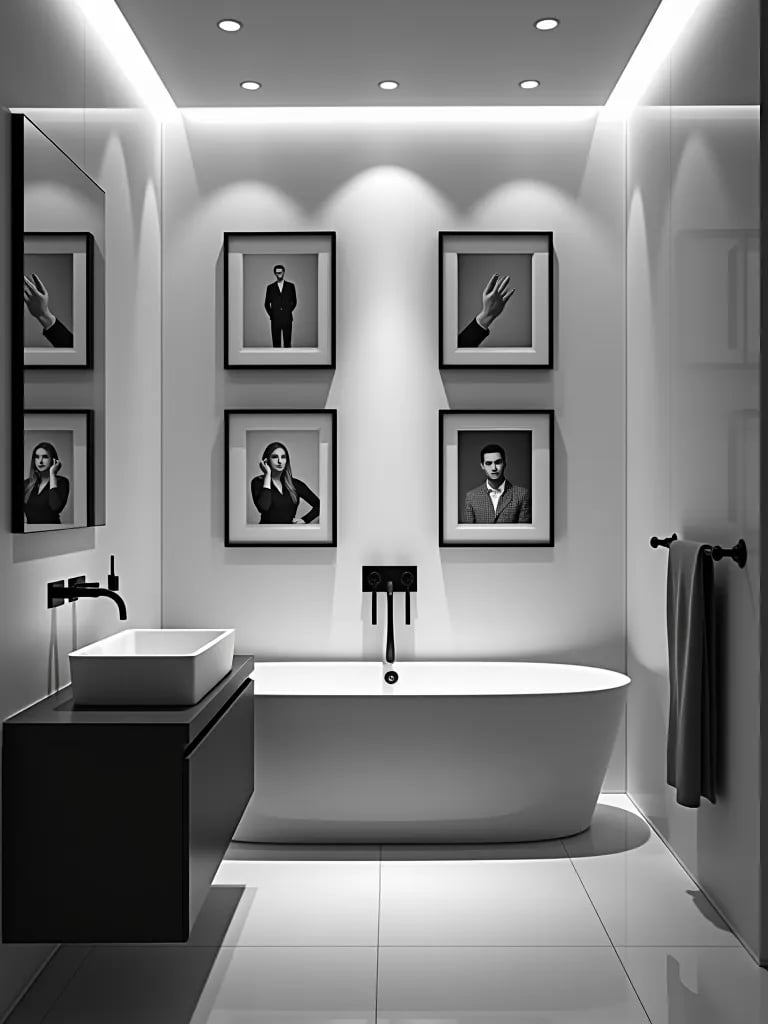 Chic bathroom with monochrome photo display