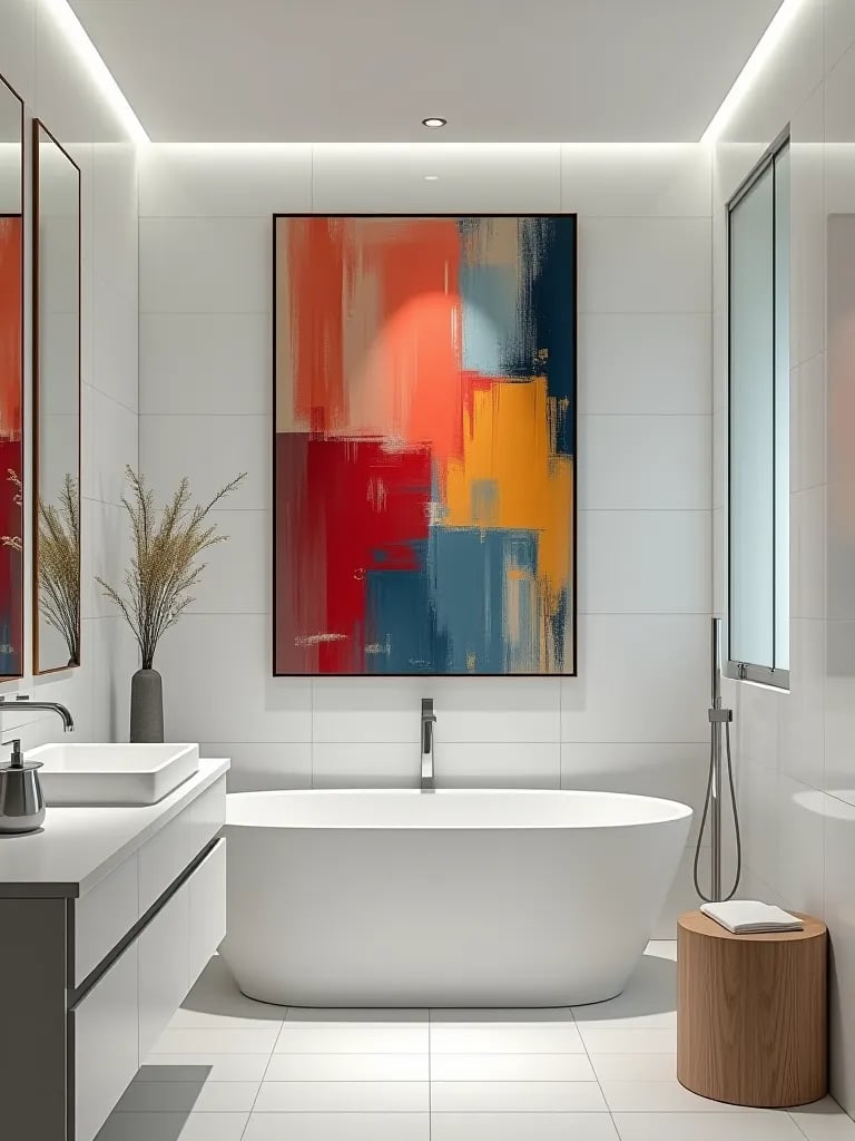 Chrome fixtures in modern bathroom with abstract art