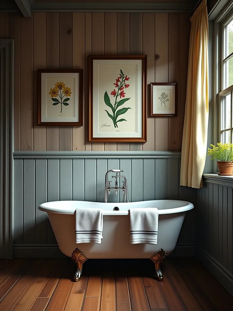 Clawfoot tub in rustic bathroom with wood accents