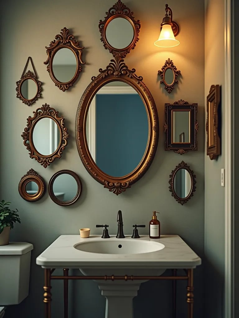 Cluster of vintage mirrors on bathroom wall