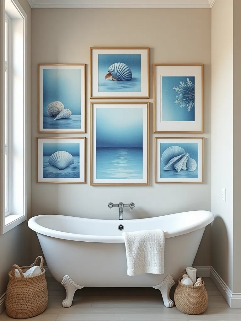 Coastal bathroom gallery wall with seashell and coral art