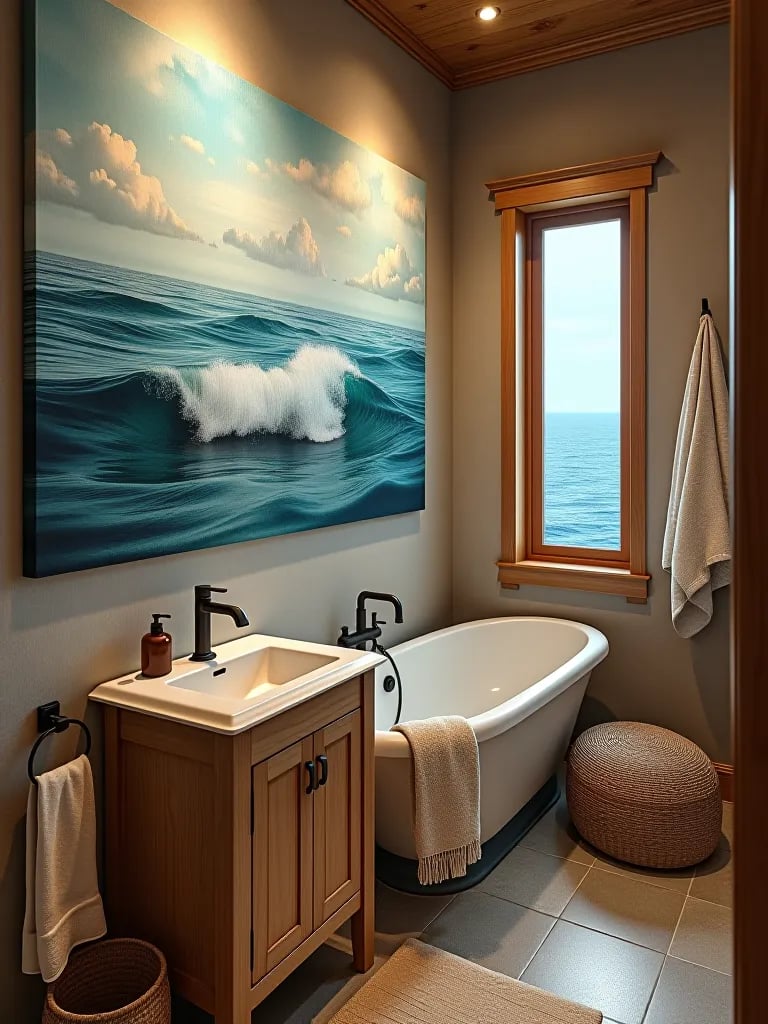 Coastal bathroom with large seascape painting