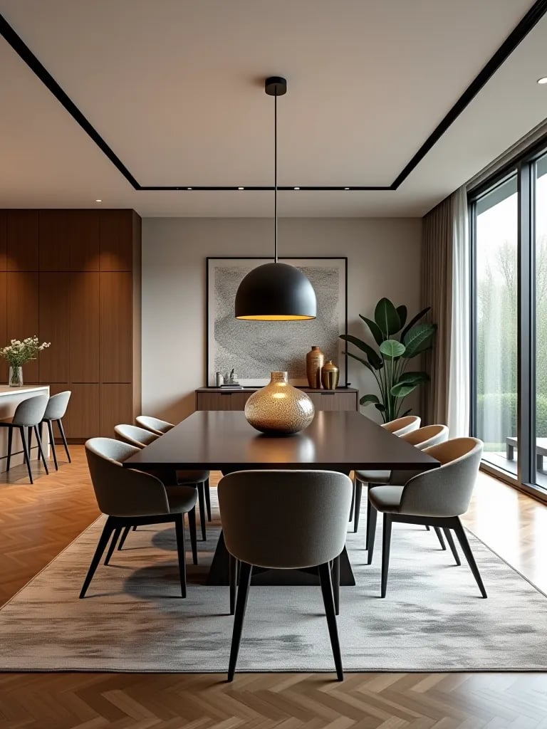 Cohesive open concept contemporary dining and living area