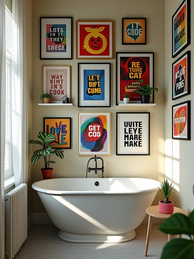 Colorful and stylish bathroom wall display with mixed media
