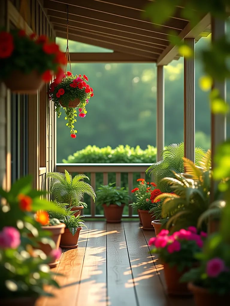 Colorful deck garden with flowers and green plants