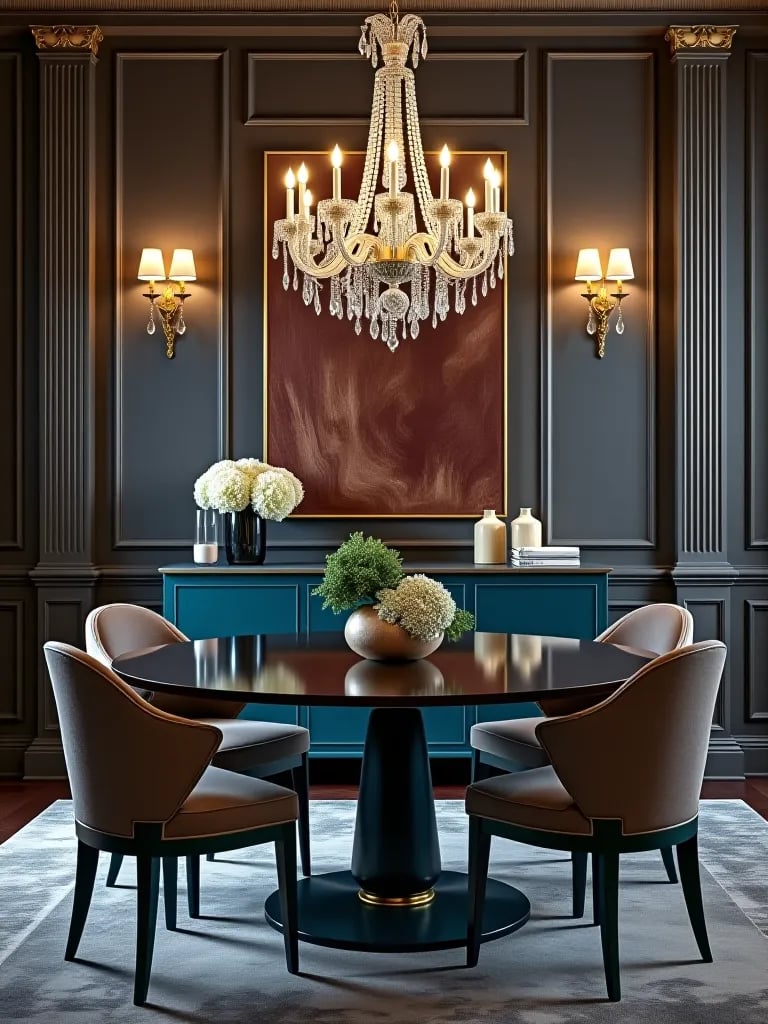 Colorful, glossy sideboard in modern luxe dining room