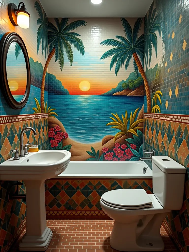 Colorful small bathroom with tropical tile mural
