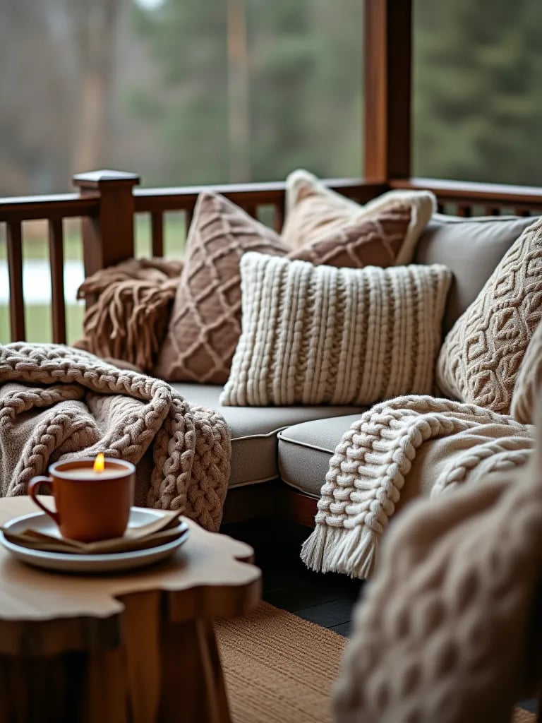 Colorful winter deck with plants and outdoor rug