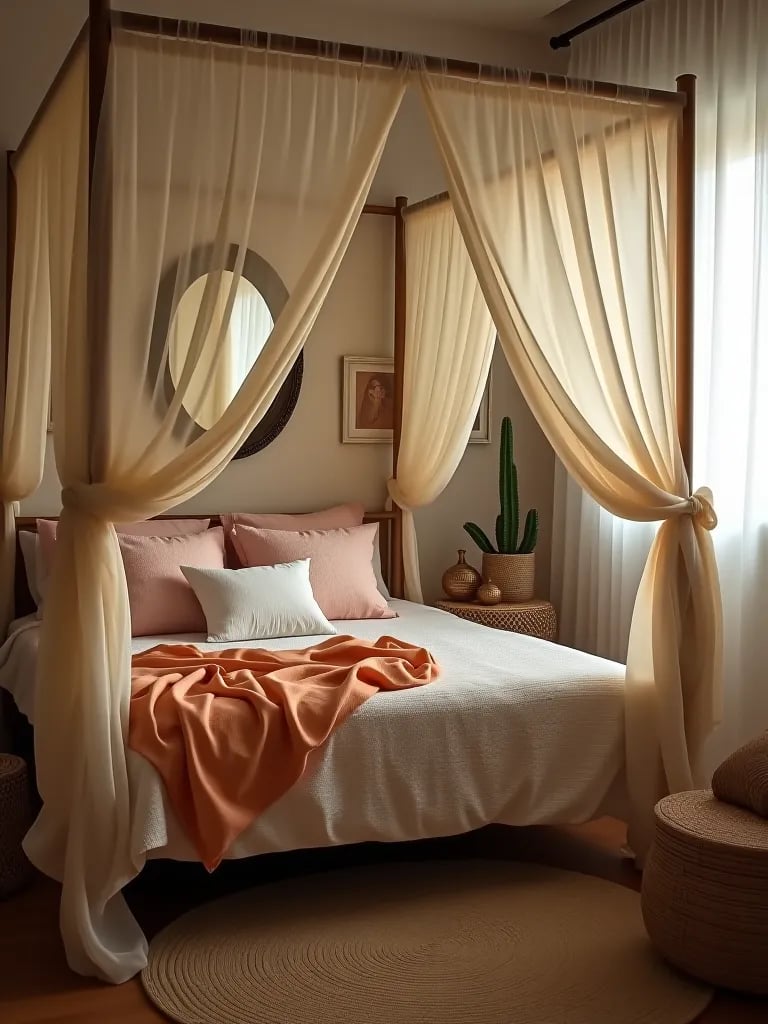 Compact boho bedroom with canopy bed and woven baskets