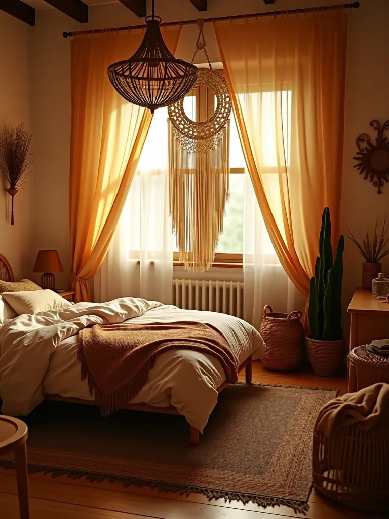 Compact boho bedroom with layered rugs and macrame