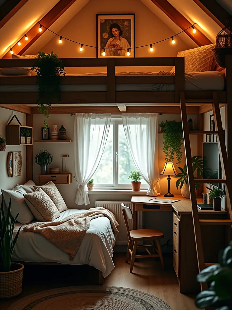 Compact boho bedroom with loft bed and twinkling lights