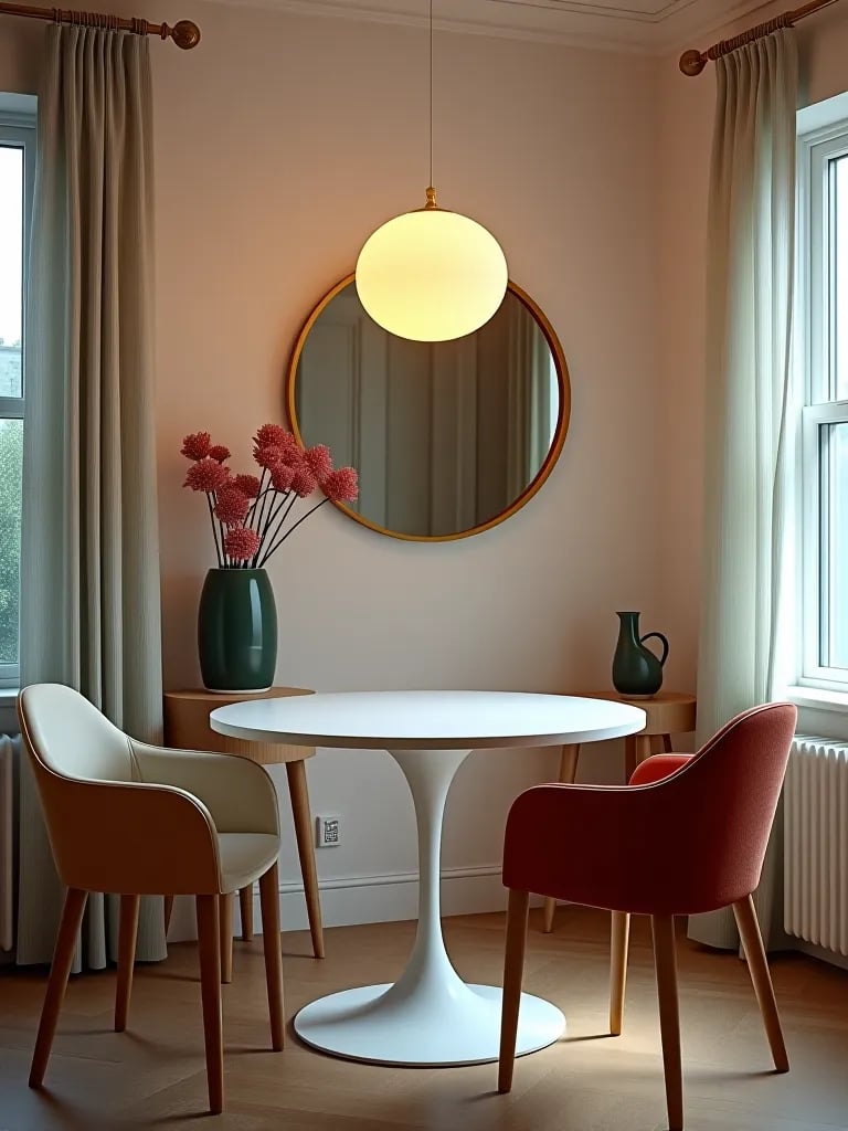 Contemporary dining area with space enhancing mirror