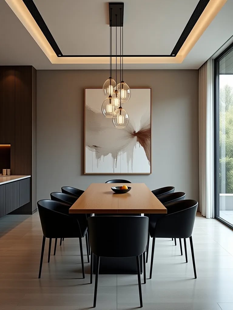Contemporary dining room with abstract art and minimalist chandelier