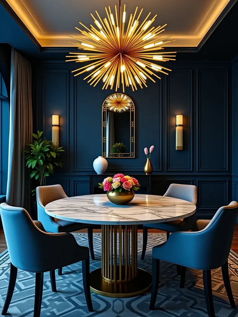 Contemporary dining room with blue walls and gold chandelier