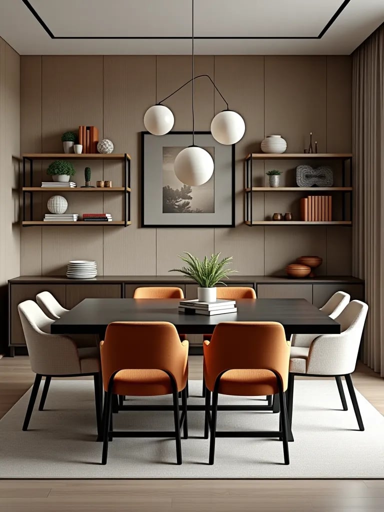 Contemporary dining room with decorative shelving