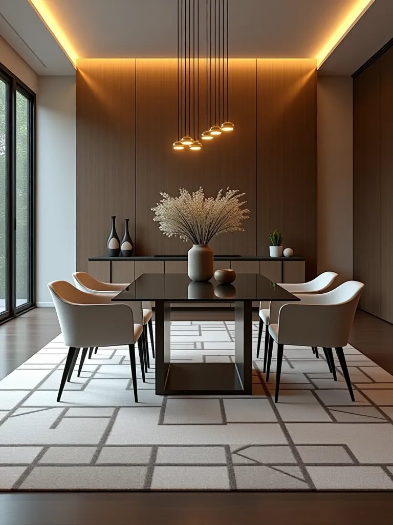 Contemporary dining room with geometric rug and glass table