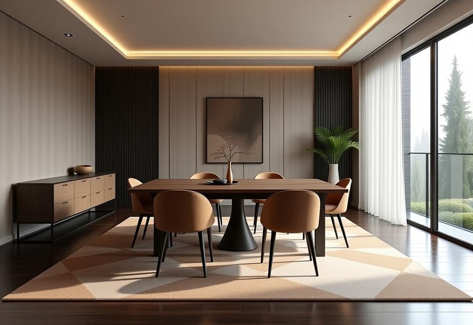 Contemporary dining room with geometric rug