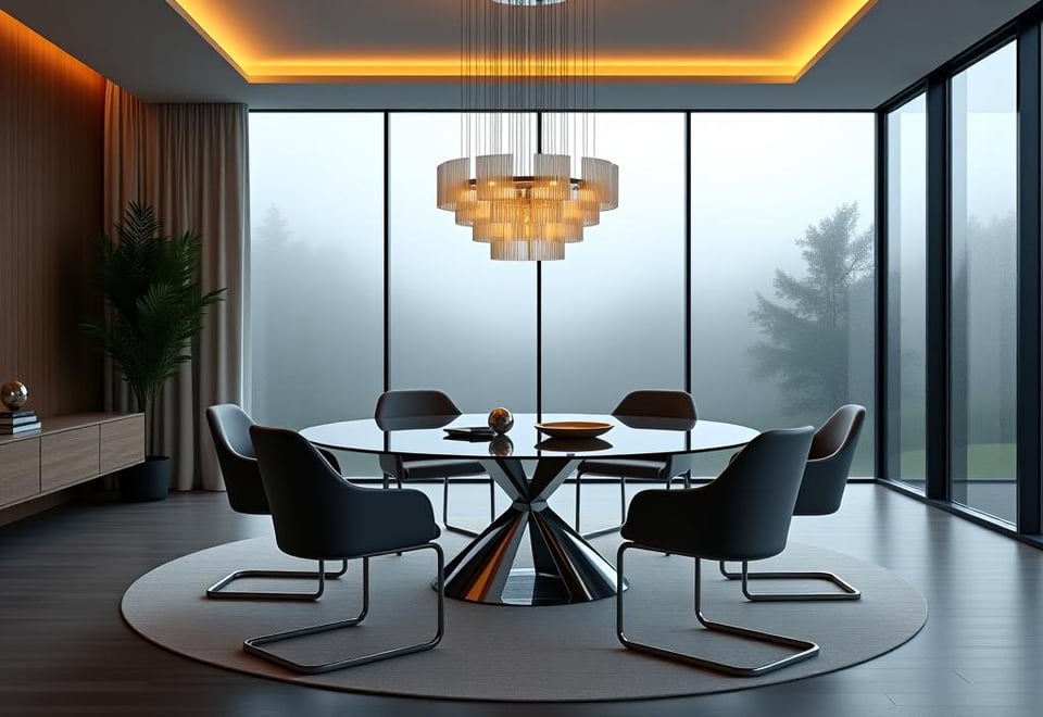 Contemporary dining room with glass table and modern chandelier
