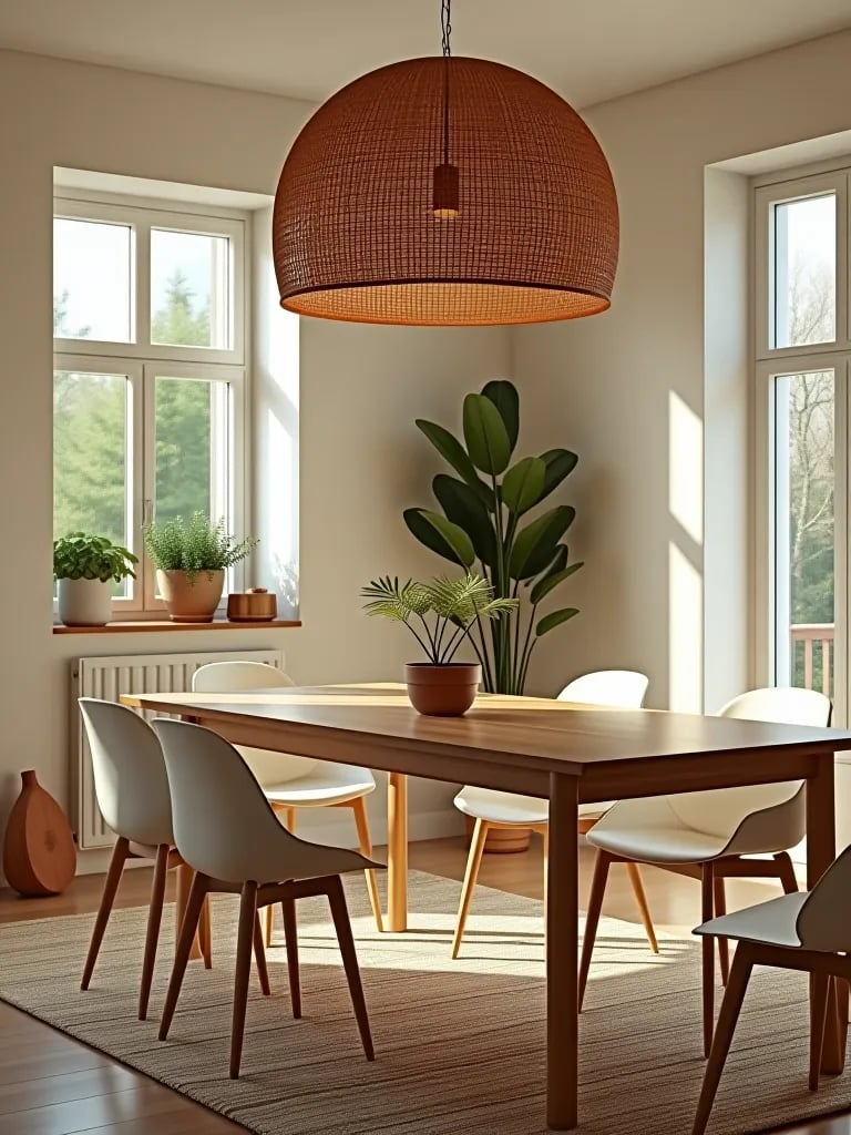 Contemporary dining room with plants and natural lighting