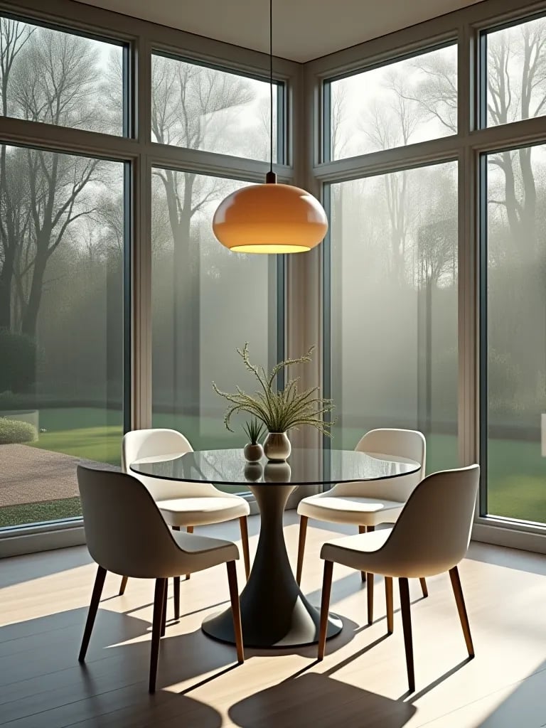 Contemporary dining room with round glass table