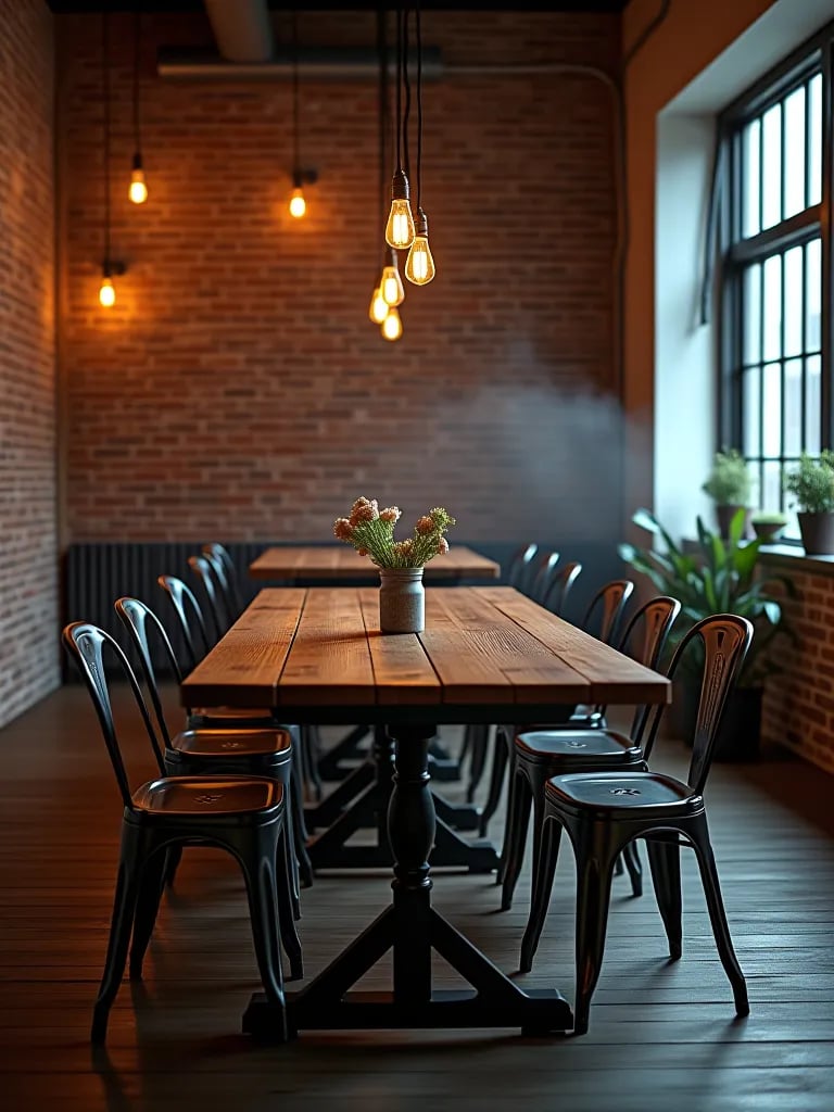 Contemporary dining room with rustic table and modern metal chairs