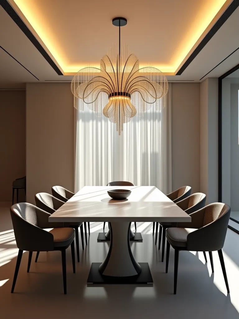 Contemporary dining room with sculptural chandelier