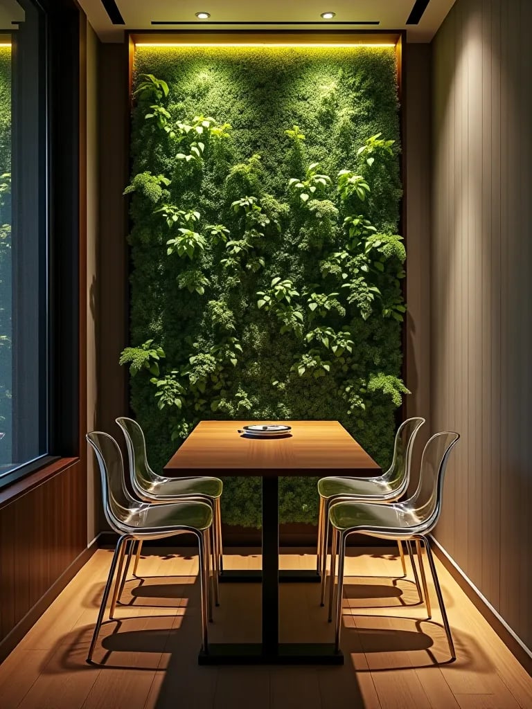 Contemporary dining room with space enhancing ghost chairs