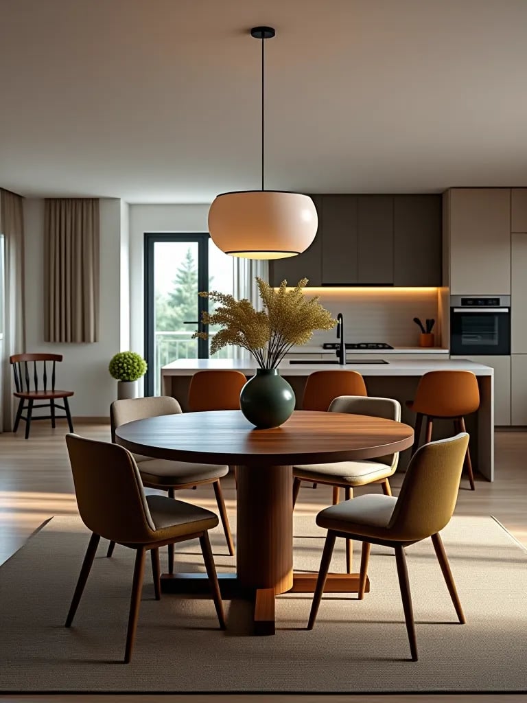 Contemporary dining room with statement pendant light and mixed chairs