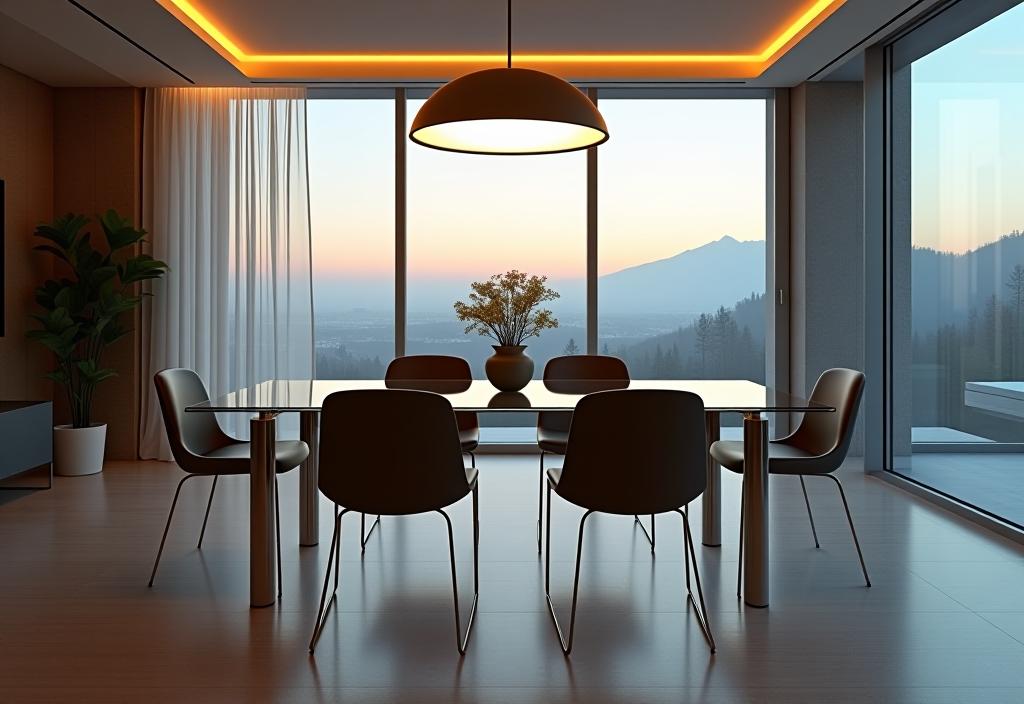 Contemporary dining room with warm ambient lighting
